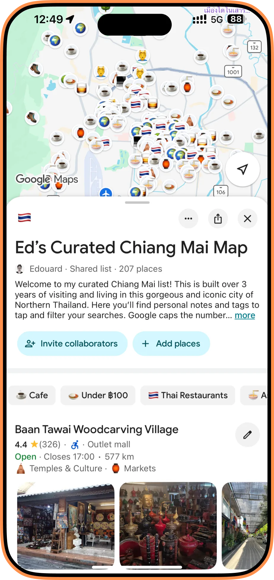 iPhone showing the Chiang Mai list in Google Maps