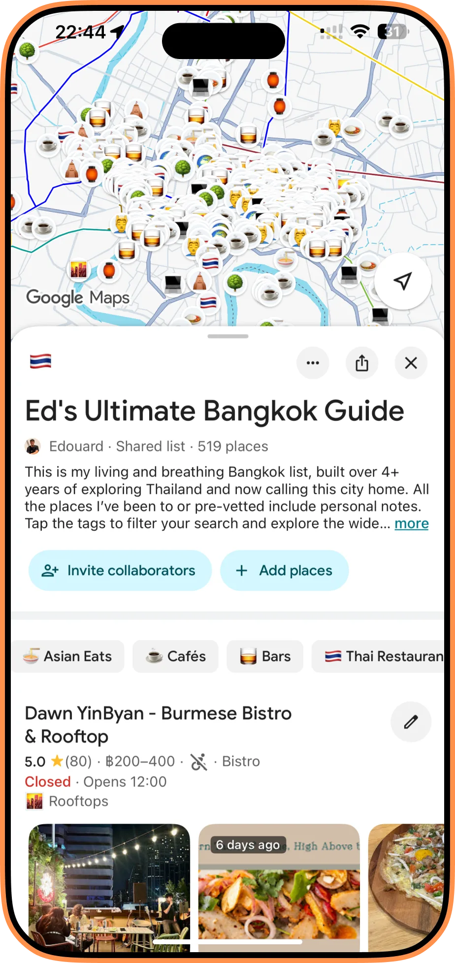 iPhone showing the Ultimate Bangkok list in Google Maps