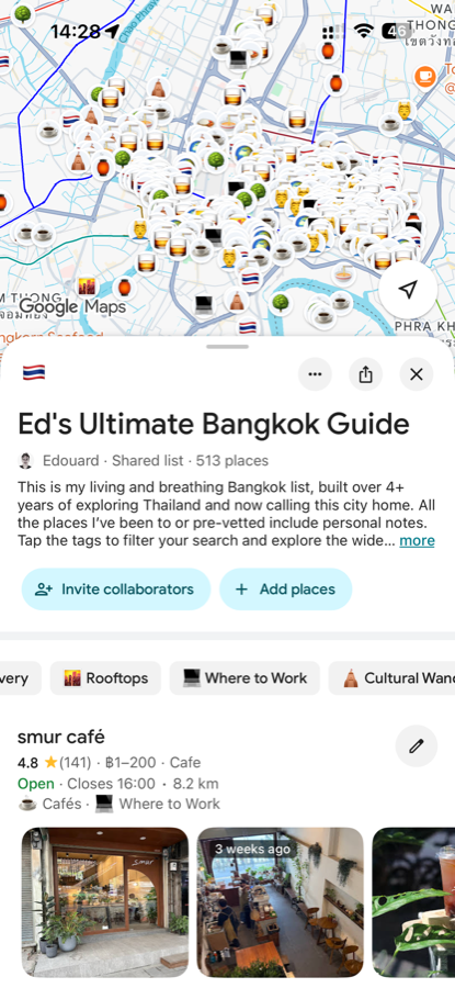 Ed's Bangkok 'Where to Work' list open in Google Maps